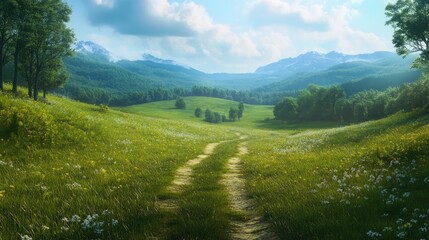Obraz premium Serene countryside trail winding through lush green landscapes under a clear blue sky with distant mountains and gentle sunlight