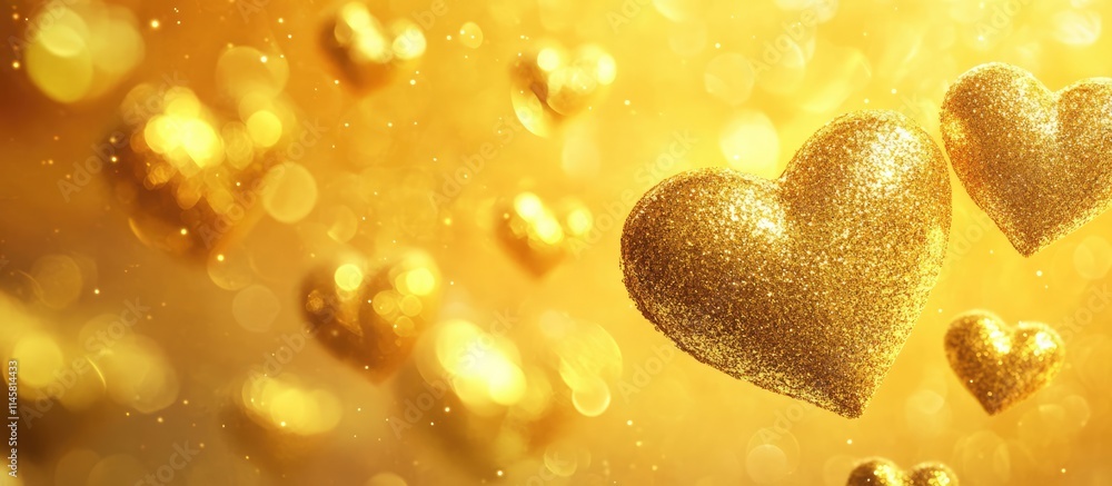 Poster golden heart shapes floating on a shimmering yellow backdrop creating a romantic and festive atmosph