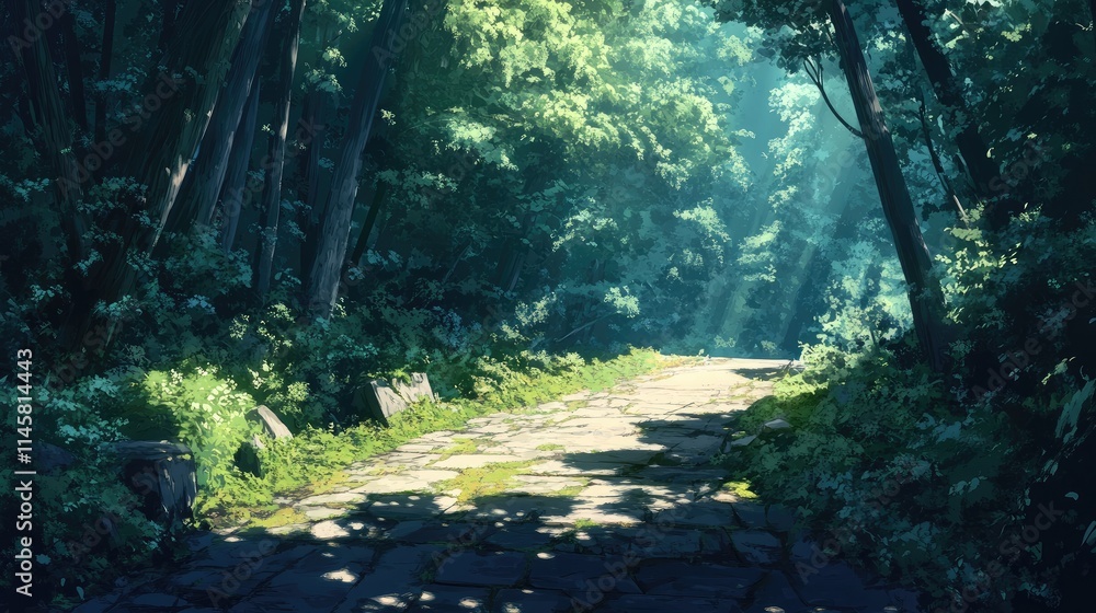 Poster tranquil forest pathway surrounded by lush greenery and moss creating a serene and inviting atmosphe