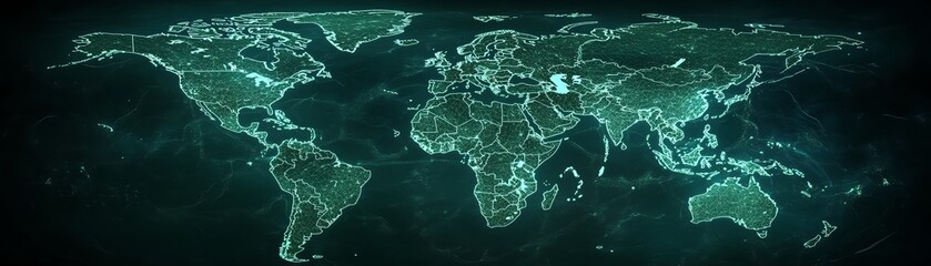 Stylized world map in shades of green, with countries and continents outlined in a soft, glowing green hue on a dark background