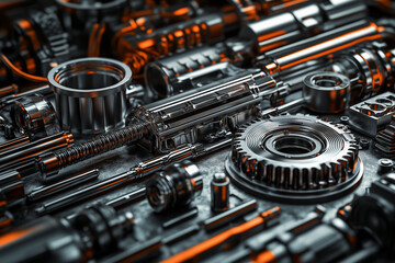 Various car spare parts on a mechanic workbench background in a garage, auto repair shop or auto parts store concept...