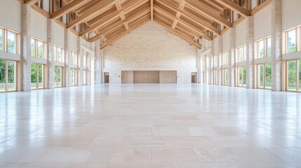 Spacious, bright hall with high wooden ceiling and large windows.