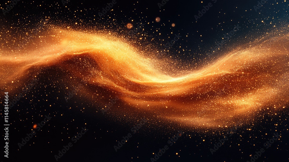 Poster dynamic golden sand wave abstract cloud with glittering particles against a dark background creating