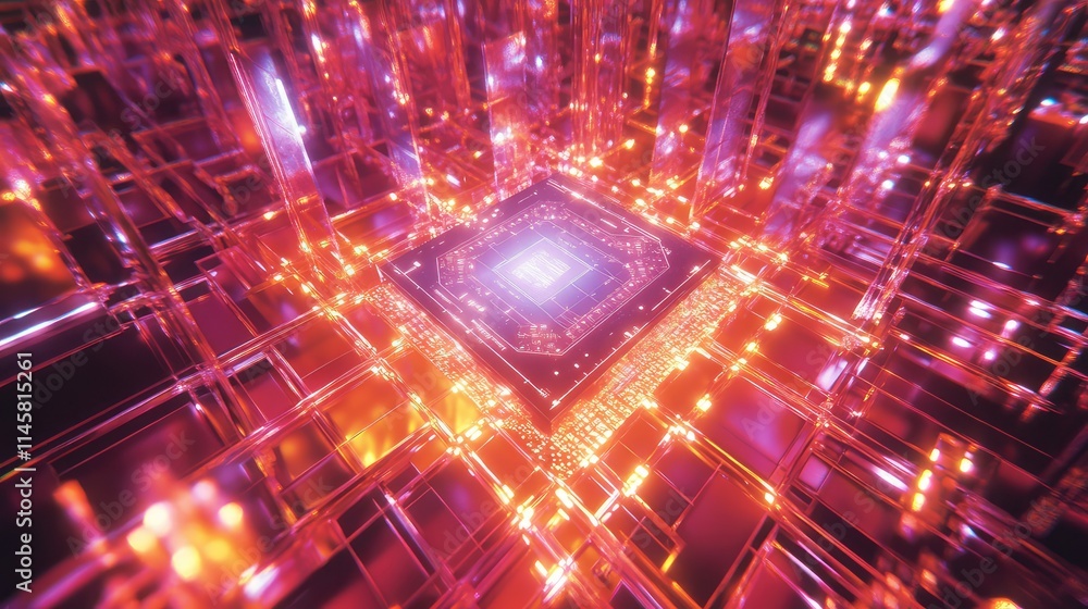 Poster a microchip surrounded by a network of holographic data projections, set against a futuristic grid b