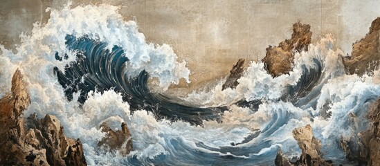 Dramatic Waves Crashing Against Rocky Shoreline in a Turbulent Coastal Landscape