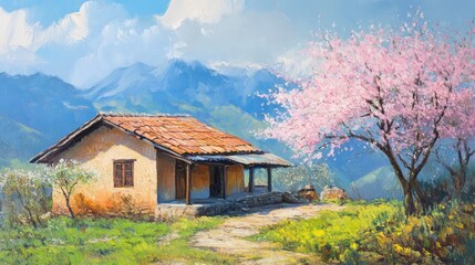 Obraz premium Rural Springtime Landscape with House and Blooming Cherry Tree in Scenic Natural Setting