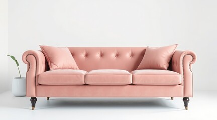 Fototapeta premium Elegant pink sofa with tufted back and rolled arms, featuring decorative pillows, on white background