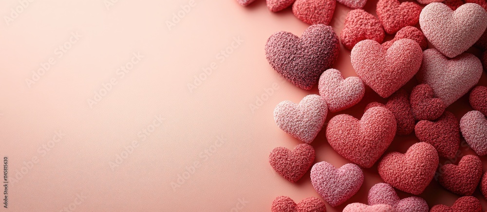 Poster delicate textured hearts in various shades scattered diagonally on a soft pastel background creating