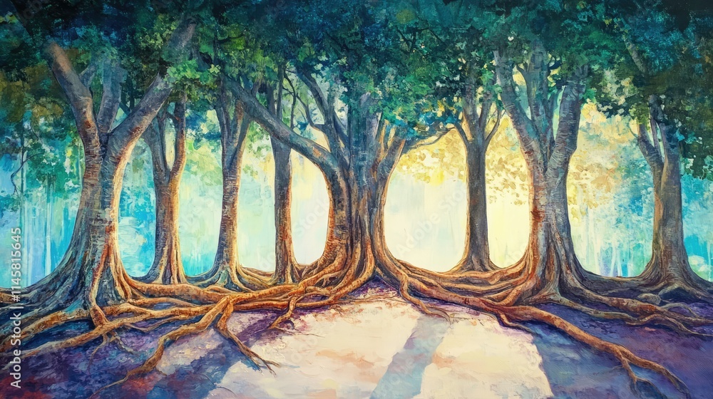 Poster banyan tree roots beautifully intertwined in a serene forest setting with sunlight filtering through
