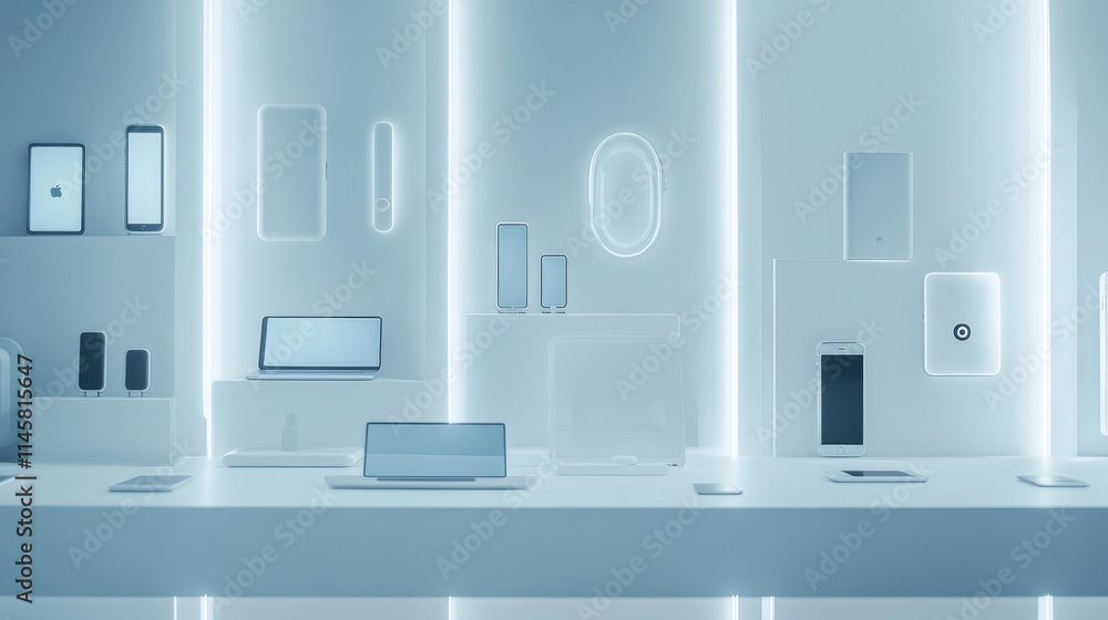 Poster a modern display of various electronic devices in a sleek, illuminated setting.