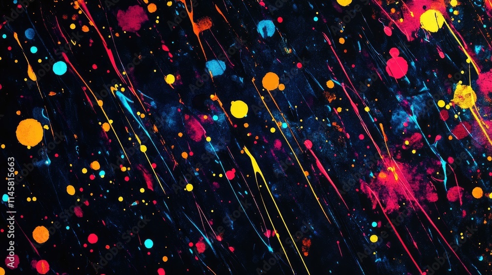 Poster bright abstract background with colorful lines and spots on a black canvas creating a vibrant neon p