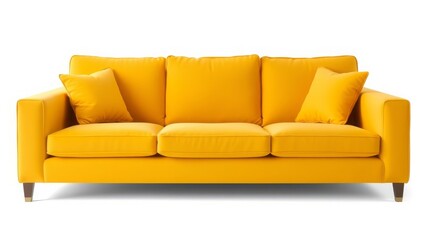 Naklejka premium Vibrant yellow sofa with plush cushions and square arms, isolated on white background