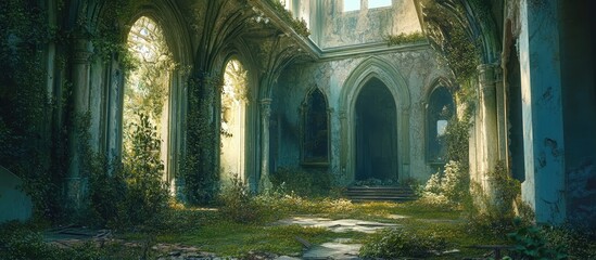 Overgrown interiors of a dilapidated palace illustrating nature's reclamation of abandoned architectural beauty and history