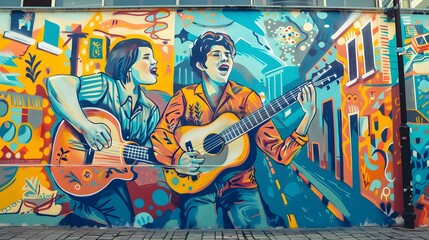 A whimsical mural of two friends playing a guitar and singing, painted on an urban wall, with a trendy street mockup on the side.