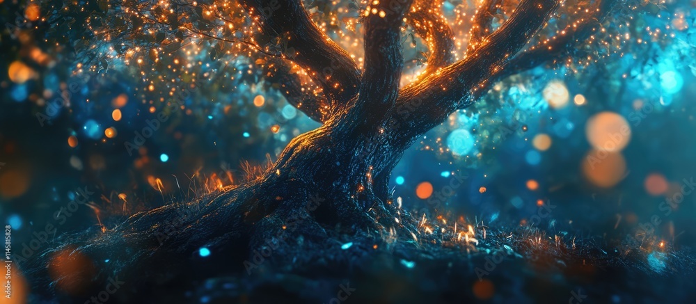 Poster magical tree backdrop with glowing bokeh lights creating a festive celebration atmosphere in a mysti