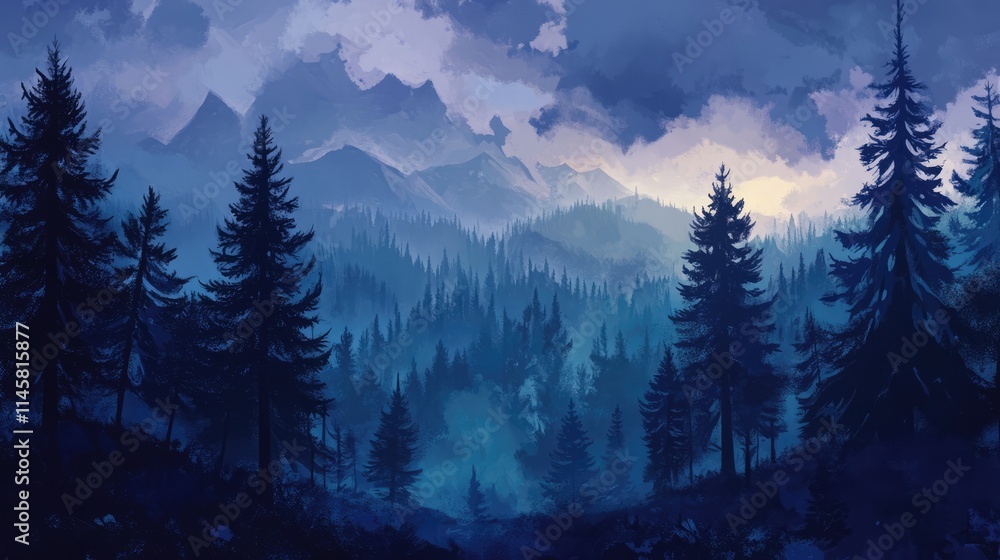 Poster mysterious pine forest landscape under dramatic clouds with misty mountains in the background creati
