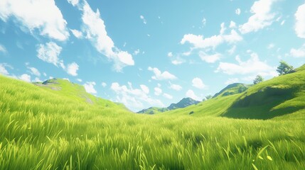 Fototapeta premium Vibrant green grassy field under a clear blue sky with fluffy clouds and rolling hills in the background showcasing natural beauty and tranquility