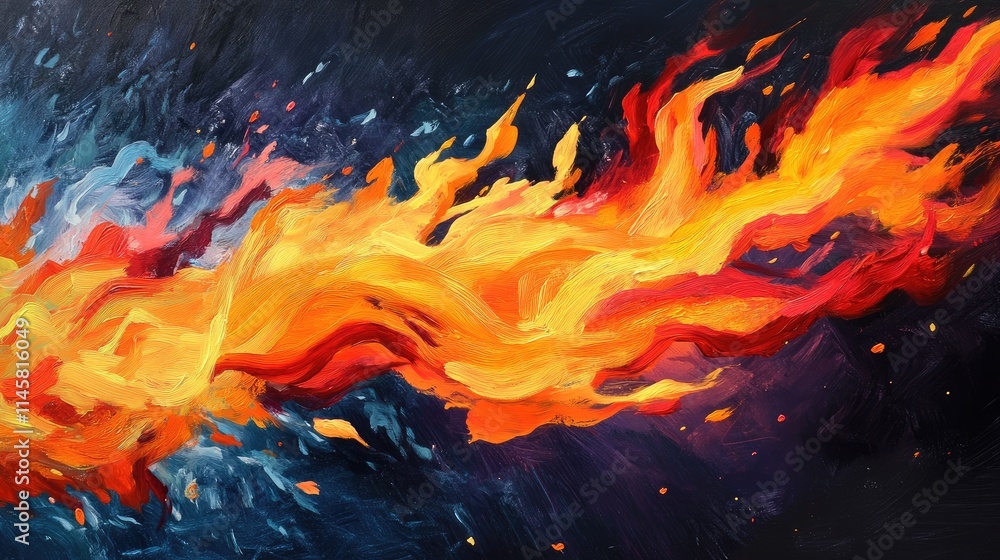 Poster abstract fiery flames painting with vibrant colors creating dynamic movement on a dark background co