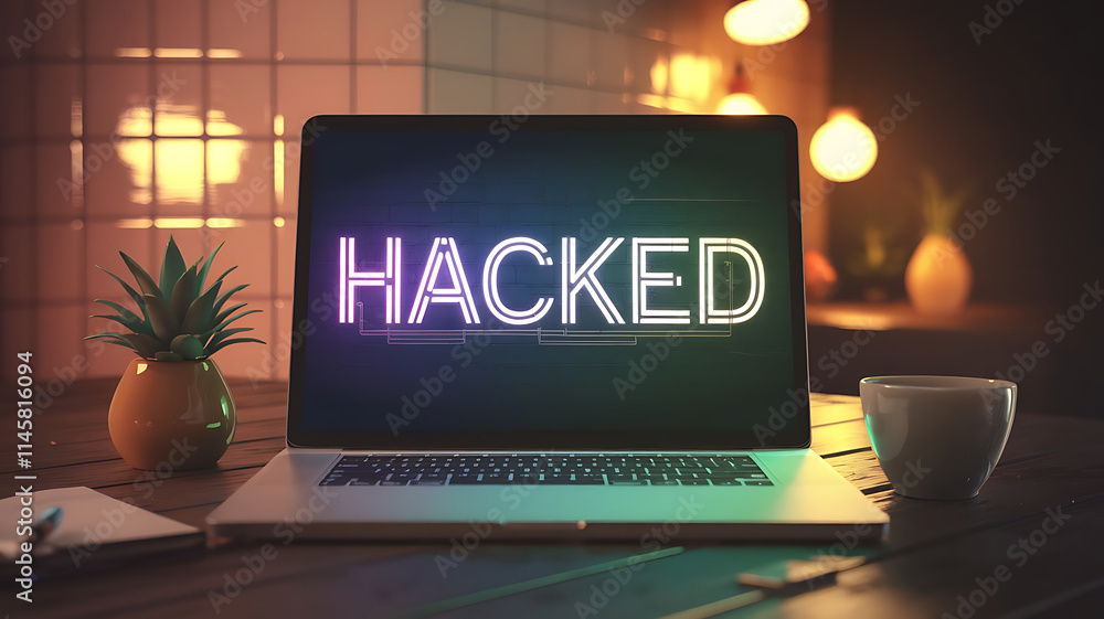 Aufkleber cybersecurity hack, cyber attack warning with digital breach notification, laptop with hacking messa