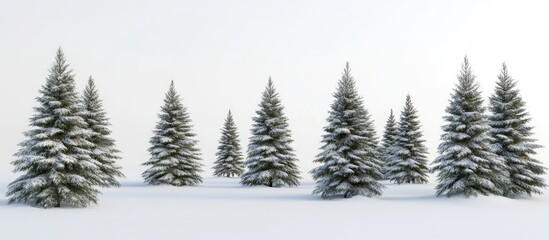 Fototapeta premium Snowy fir trees in a serene winter landscape showcasing a tranquil atmosphere and natural beauty in a snowy environment.