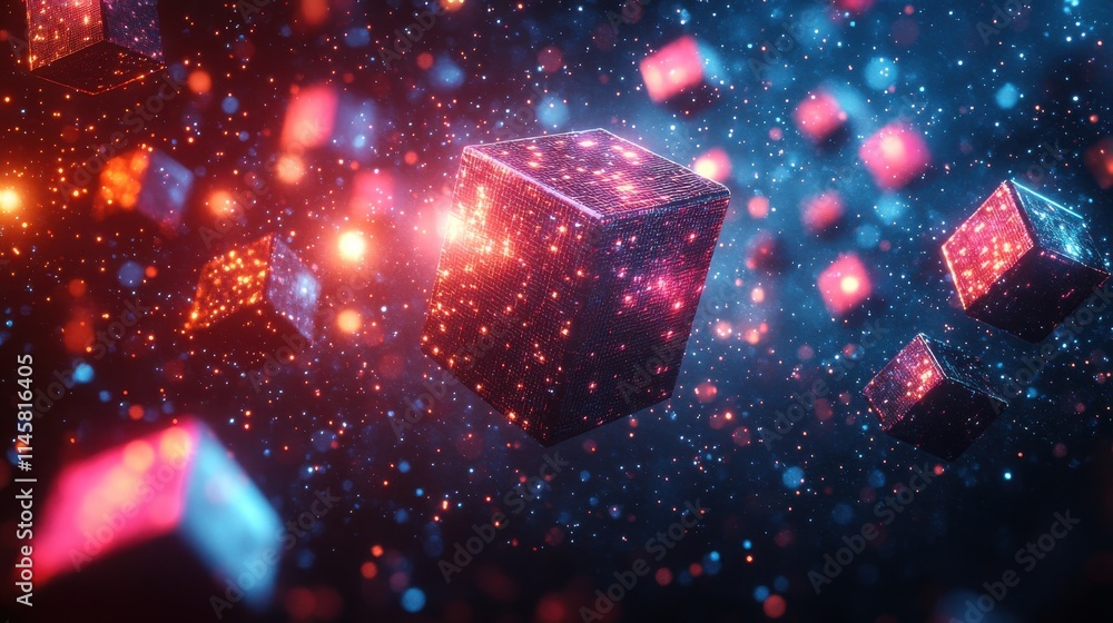Poster abstract background with flying cubes motion design seamless looped animatio