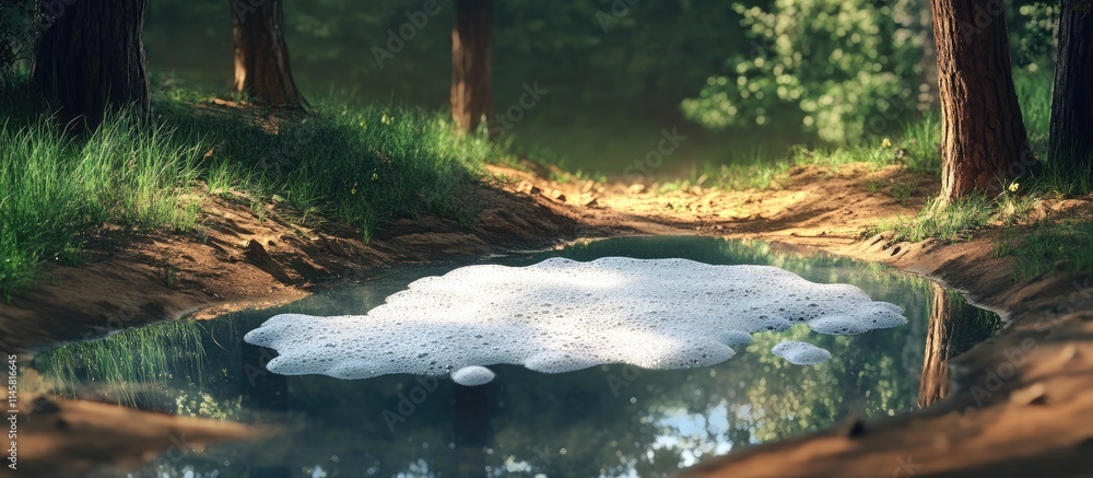 Aufkleber serene forest scene featuring small puddles with foam amidst lush greenery and tranquil light filter