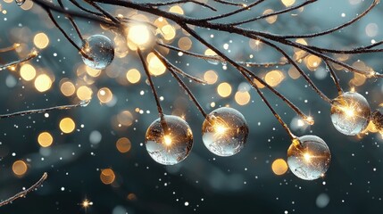 Icy water droplets on branches with bokeh lights.