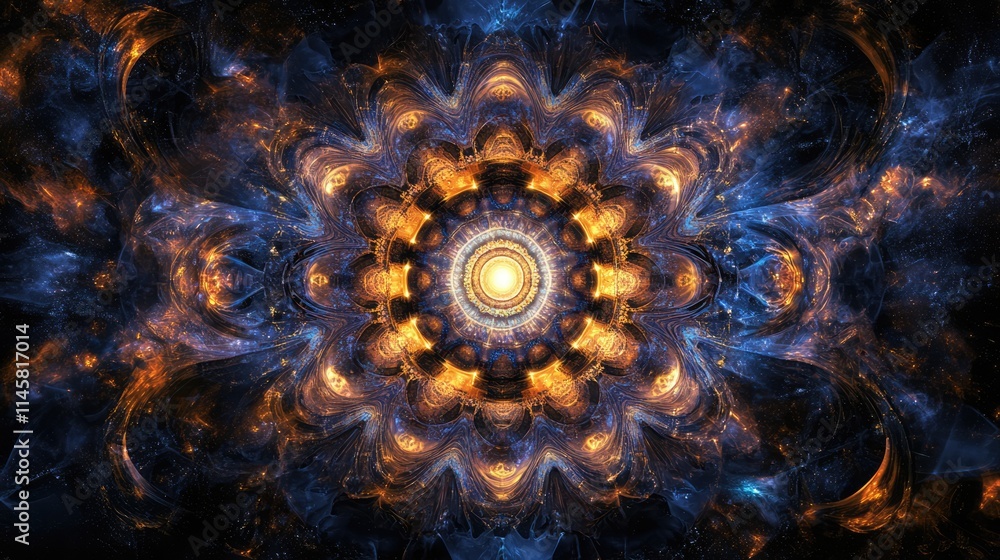 Poster cosmic mandala abstract design in vibrant blues and oranges representing outer space and science fic