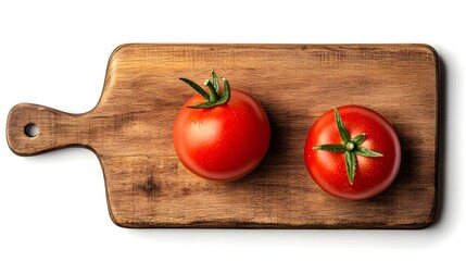 Two ripe red tomatoes on a wooden cutting board