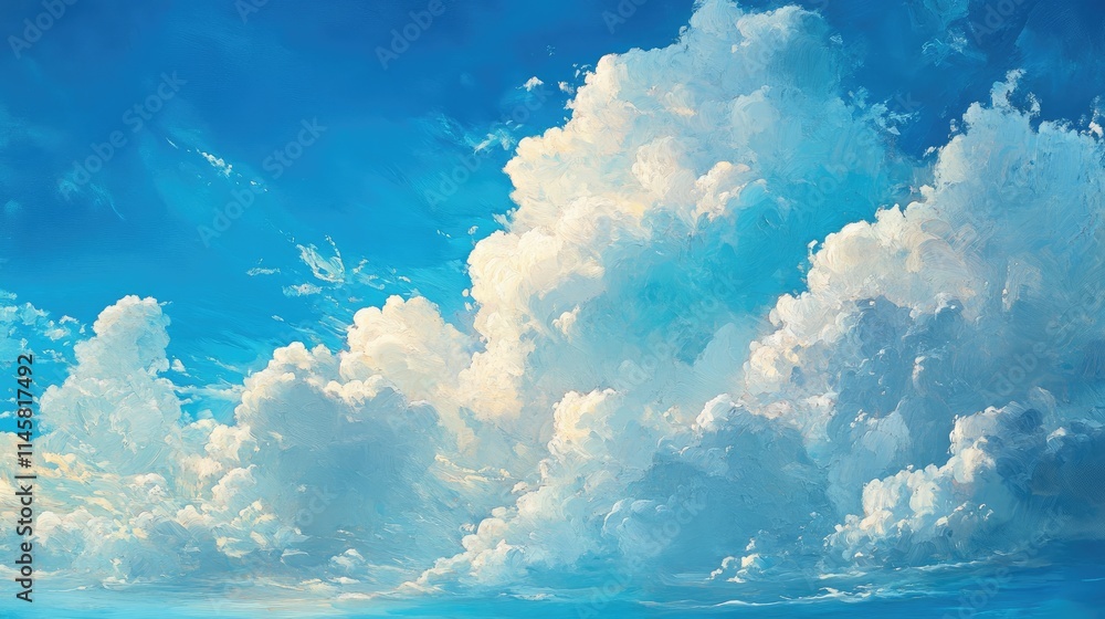 Poster fluffy white clouds drifting across a bright blue sky creating a serene and tranquil atmosphere perf