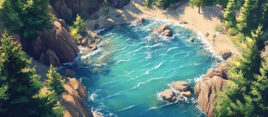 Aerial view of a tranquil summer coastline with lush pine trees and clear turquoise waters contrasting with warm rocky formations