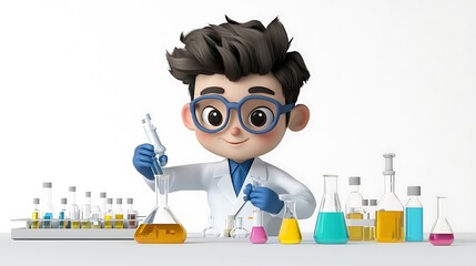 Cute Cartoon Scientist Kid Doing Experiment in Lab with Colorful Chemicals