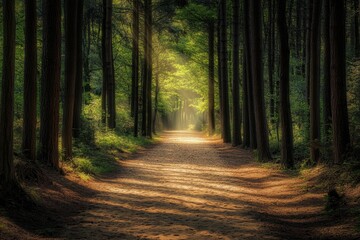 Obraz premium Exploring a serene sand path through a tranquil forest nature photography illuminated by sunlight peaceful environment calm viewpoint embracing sand's beauty