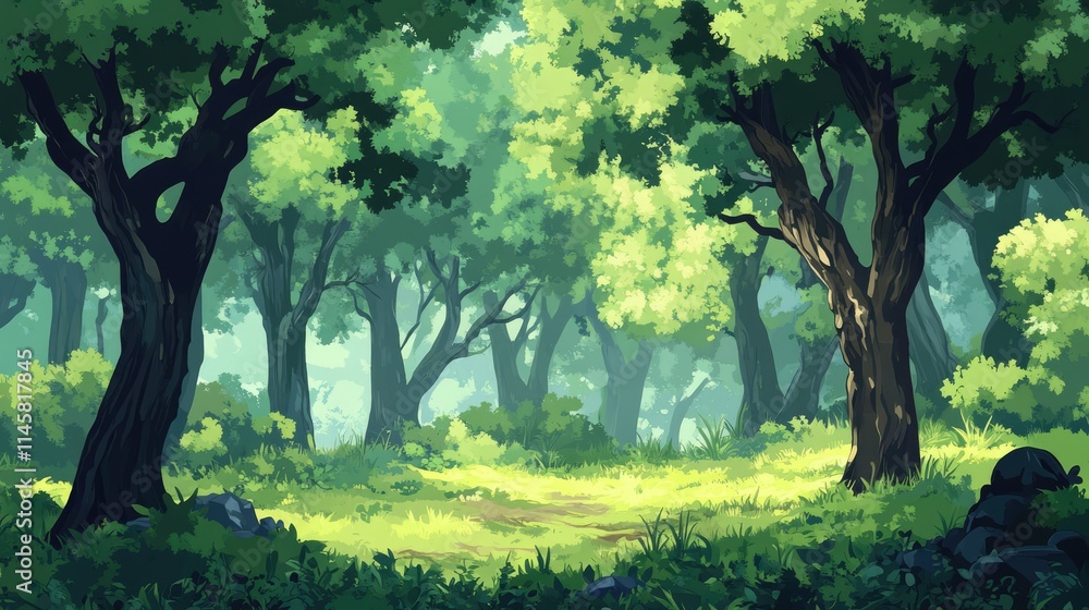 Poster lush green forest with vibrant trees and dappled sunlight creating a serene summer atmosphere in a n