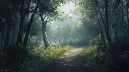 Fototapeta premium Serene trekking path through a misty forest showcasing lush greenery and dappled sunlight filtering through the trees