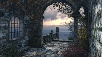 Fototapeta premium Ruins of an ancient structure with arched windows overlooking a scenic landscape at dusk