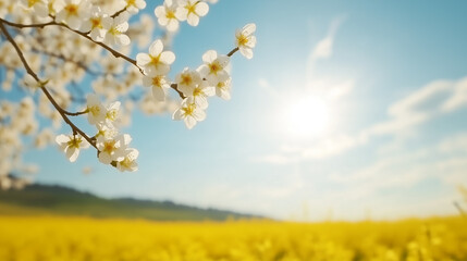 Bright spring day with blossoming flowers under a clear blue sky in a vibrant field