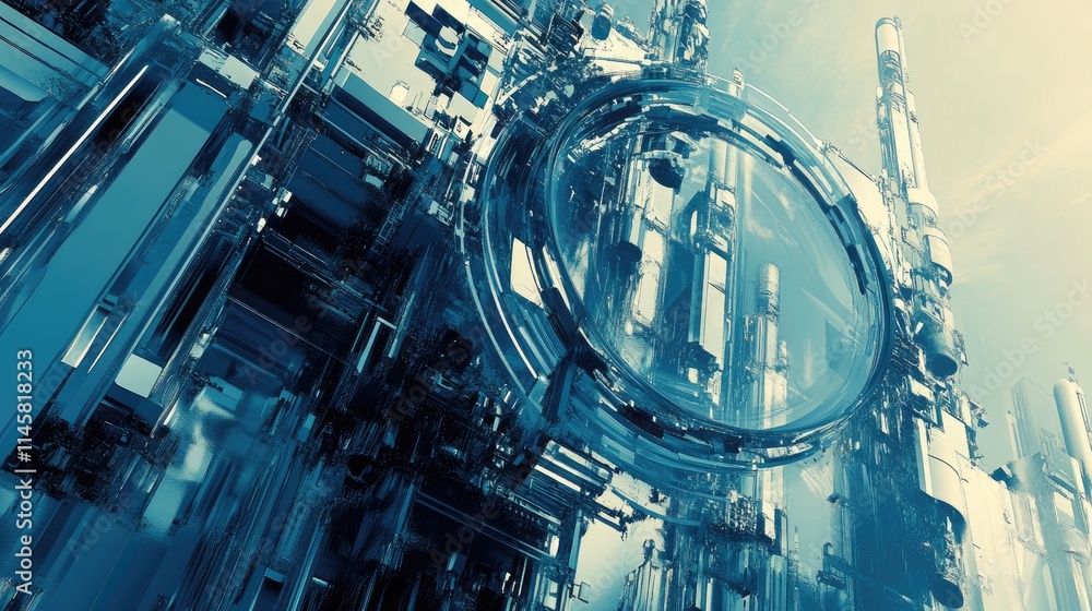 Poster futuristic abstract design featuring intricate geometric shapes and transparent structures in a vibr