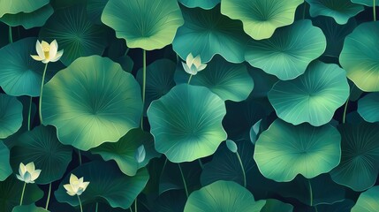 Lotus flower leaves creating a natural green pattern with soft textures and hues for tranquil and serene backgrounds
