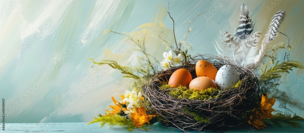 Poster bird nest with colorful eggs adorned with feathers and flowers representing easter and spring's arri