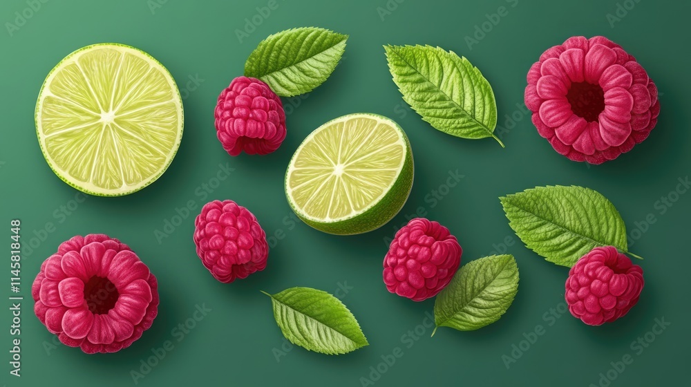 Poster raspberry and lime fruits arranged with green leaves on a vibrant background top view showcasing nat