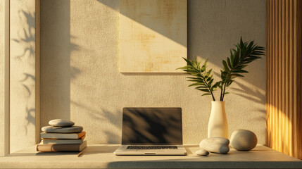 Cozy Workspace Laptop Plant Stones Inspiration Focus