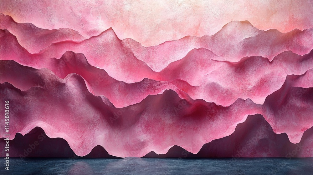 Poster textured pink paper backdrop with layered mountain peaks in soft hues creating a dreamy and artistic