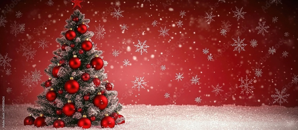 Poster christmas tree adorned with red ornaments set against a festive snowflake backdrop creating a warm h