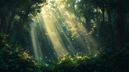 Sunlight gently filtering through a dense forest canopy, casting soft beams of light onto the vibrant green foliage below 