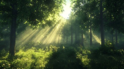 Sunlight breaks through the tall, towering trees of a lush green forest, illuminating the rich vegetation beneath 