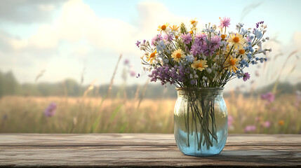Wildflower Bouquet in Rustic Setting: A vibrant bouquet of wildflowers in a rustic glass vase, set against a backdrop of a golden meadow bathed in warm sunlight.