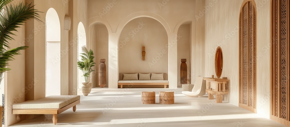 Poster mediterranean style indoor space with arched architecture and natural decor elements creating a warm