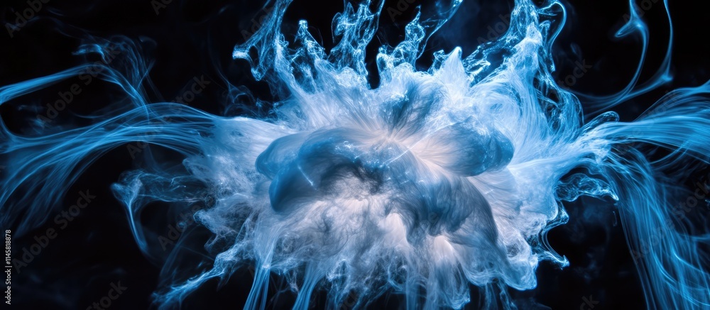 Poster dynamic abstract blue and white explosion resembling fireworks with fluid motion against a dark back