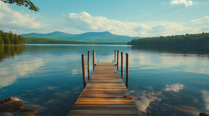 Obraz premium Crystal clear lake with wooden docks extending into the water, surrounded by soft morning light and distant mountains